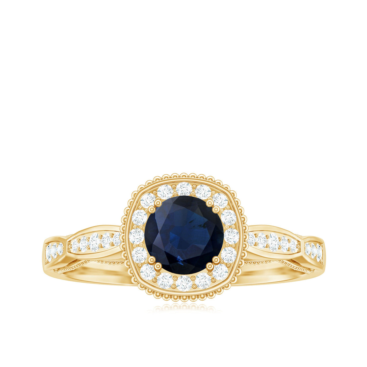Round 0.9 carat blue sapphire antique engagement ring with diamond halo, featuring intricate gold band and vintage design.