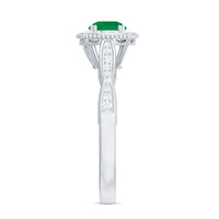 Emerald Vintage Looking Engagement Ring with Diamond Halo