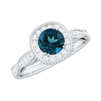 0.6 Carat London Blue topaz Vintage Inspired Ring with Diamond Halo