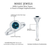 0.6 Carat London Blue topaz Vintage Inspired Ring with Diamond Halo
