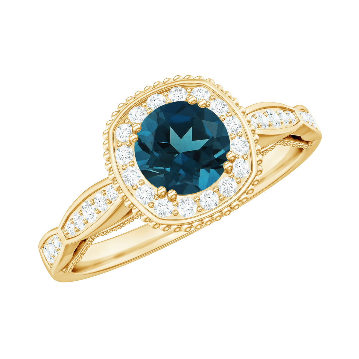 0.6 Carat London Blue topaz Vintage Inspired Ring with Diamond Halo