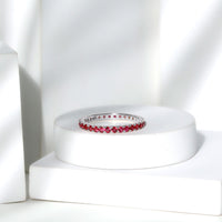Rosec Jewels lab-grown ruby eternity ring with French pave-set rubies, stackable design, elegant and sparkling jewelry ring.
