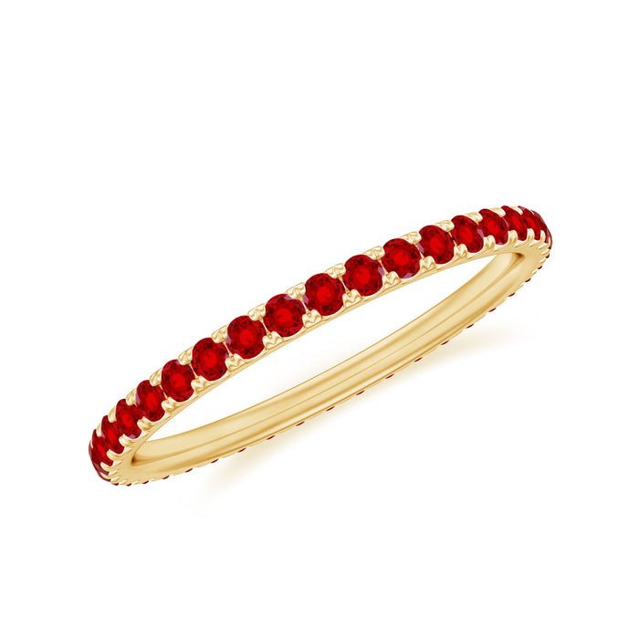 Rosec Jewels French Pave Set Lab Grown Ruby Stackable Eternity Band ring with sparkling ruby accents and intricate pave detailing.