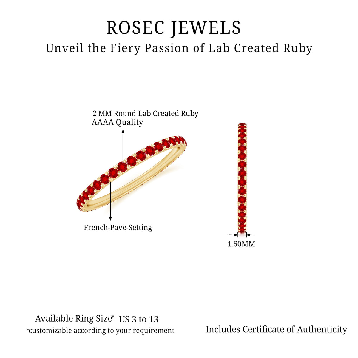 Rosec Jewels lab-grown ruby eternity ring with French pave set design, featuring multiple sparkling red rubies in a stackable ring style.