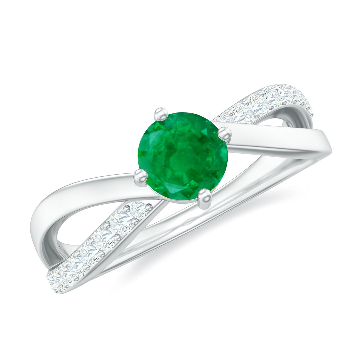 Rosec Jewels real emerald infinity promise ring with diamond, showcasing a silver band with green emerald and sparkling diamond accents