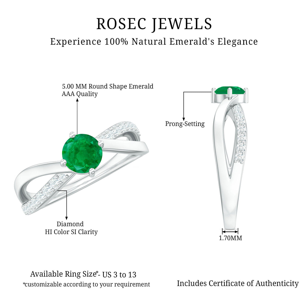 Rosec Jewels real emerald infinity promise ring with diamond, featuring a sparkling emerald centerpiece and infinity design in rings.