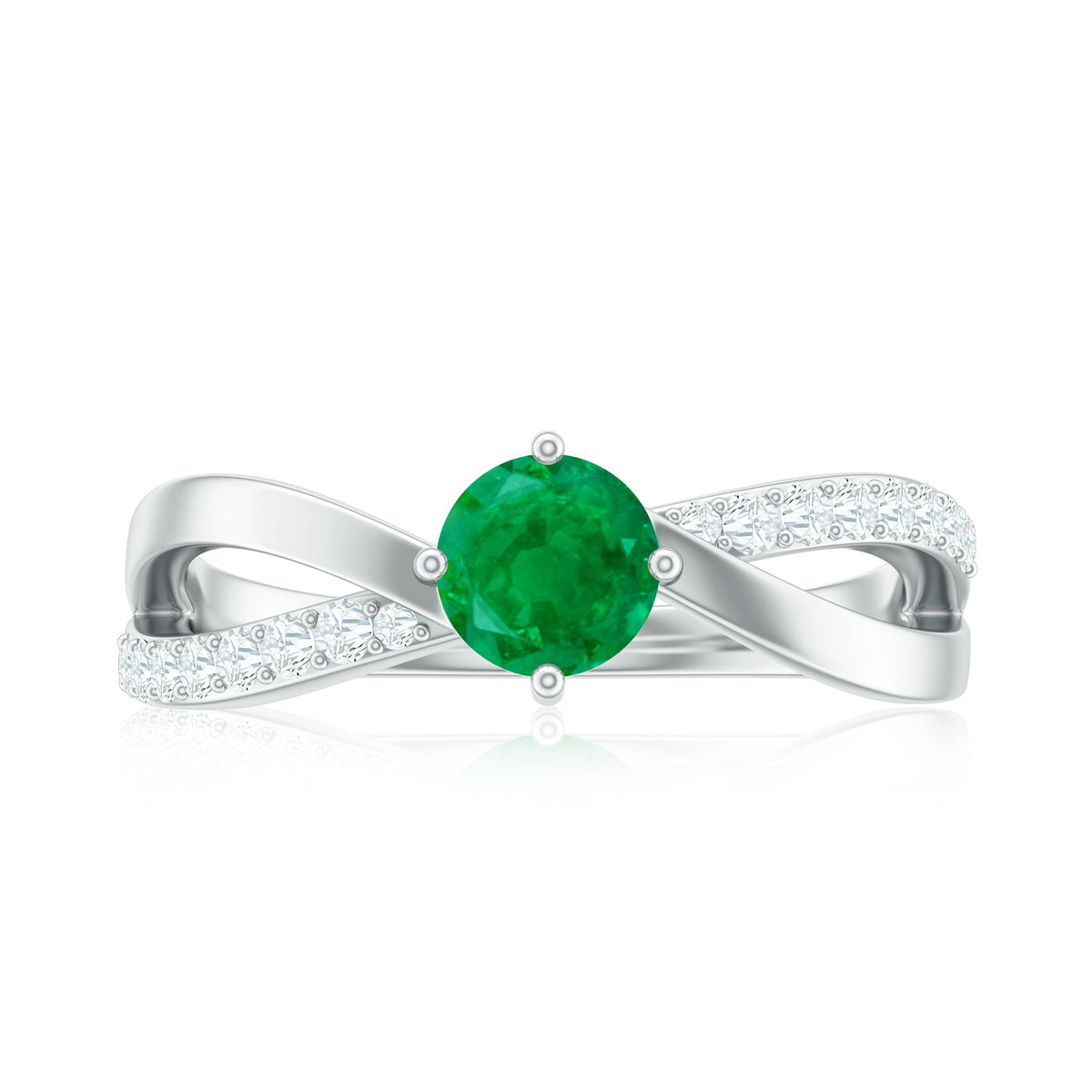 Real emerald infinity promise ring with diamond detail, crafted by Rosec Jewels, featuring a sleek band and sparkling gemstones.