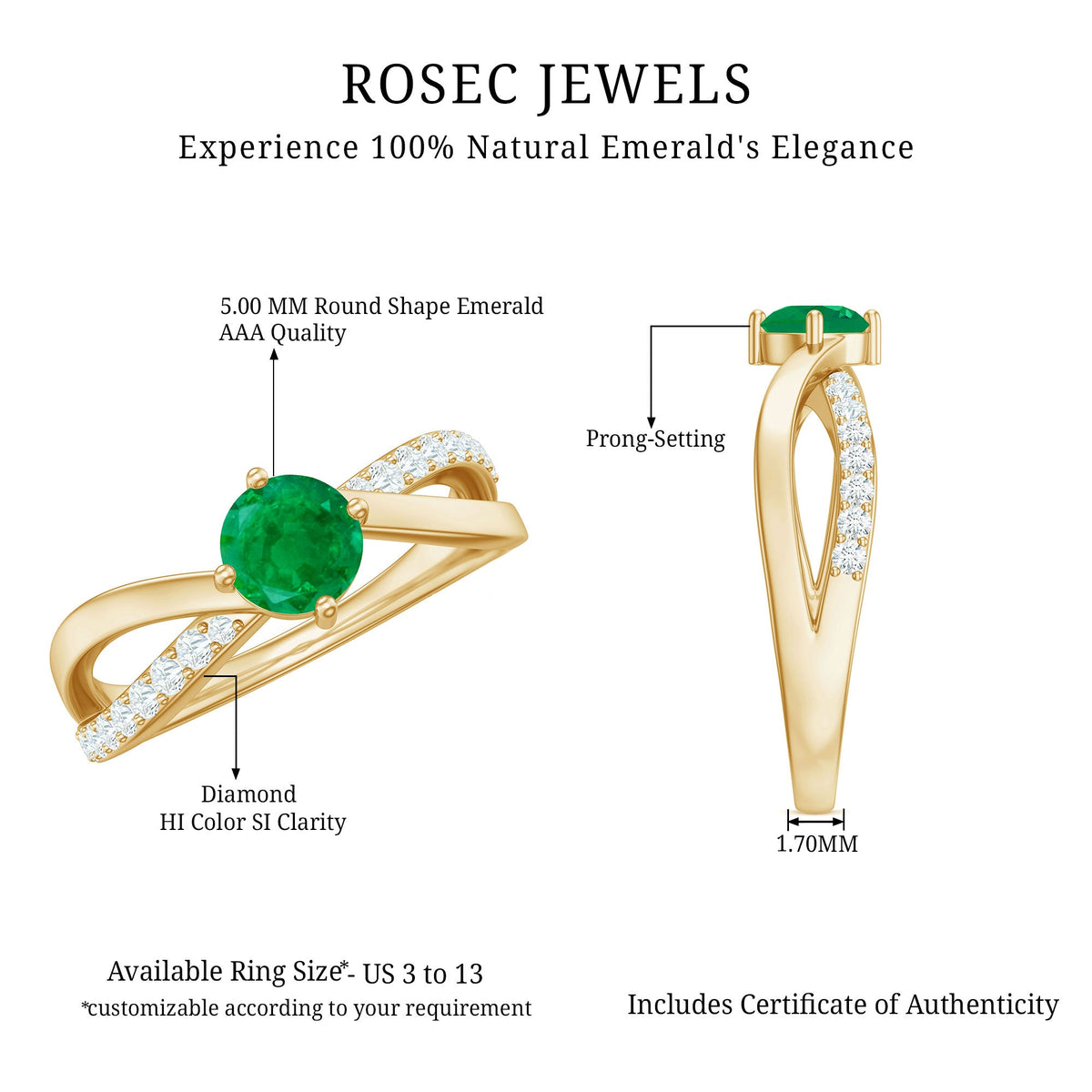 Rosec Jewels real emerald infinity promise ring with diamond, showcasing a detailed view of the elegant ring design and gemstone accents.