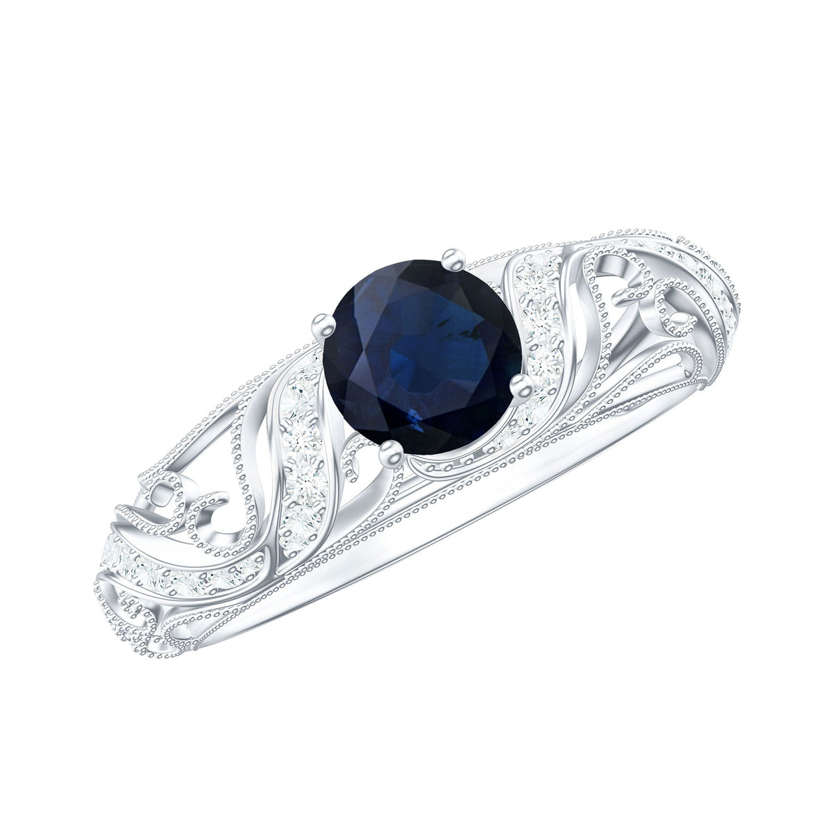 Vintage-style engagement ring featuring a 0.9 carat blue sapphire and diamonds, set in a detailed rose gold band.