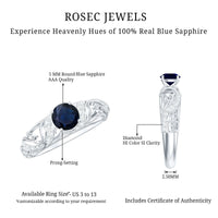 Vintage-style engagement ring with 0.9 carat real blue sapphire and diamonds, featuring intricate metalwork and rose gold finish.