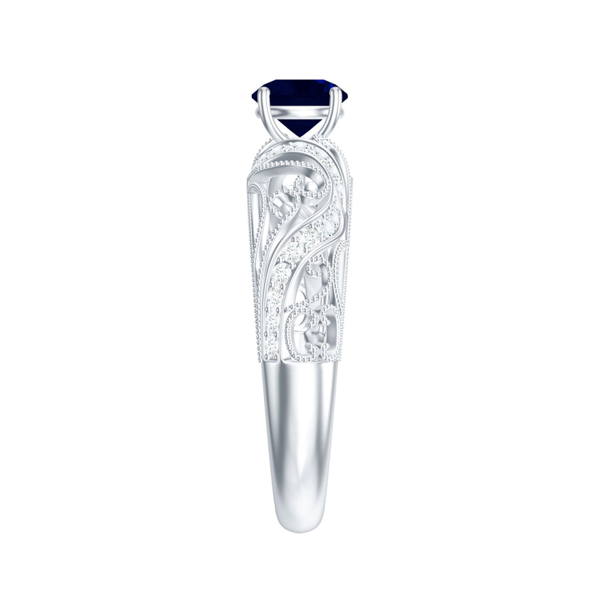 Vintage-style engagement ring with a 0.9 carat blue sapphire center stone and diamond accents, crafted by Rosec Jewels.