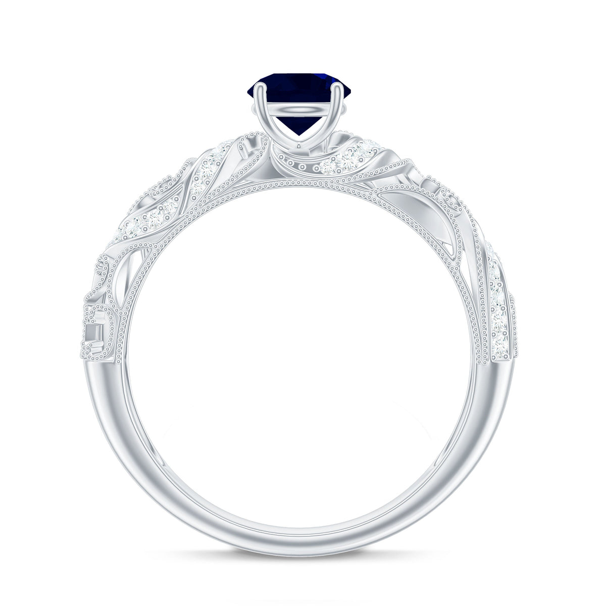 Certified 0.9 carat blue sapphire and diamond vintage-style engagement ring by Rosec Jewels, featuring intricate detailing and sparkling stones.