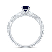Certified 0.9 carat blue sapphire and diamond vintage-style engagement ring by Rosec Jewels, featuring intricate detailing and sparkling stones.