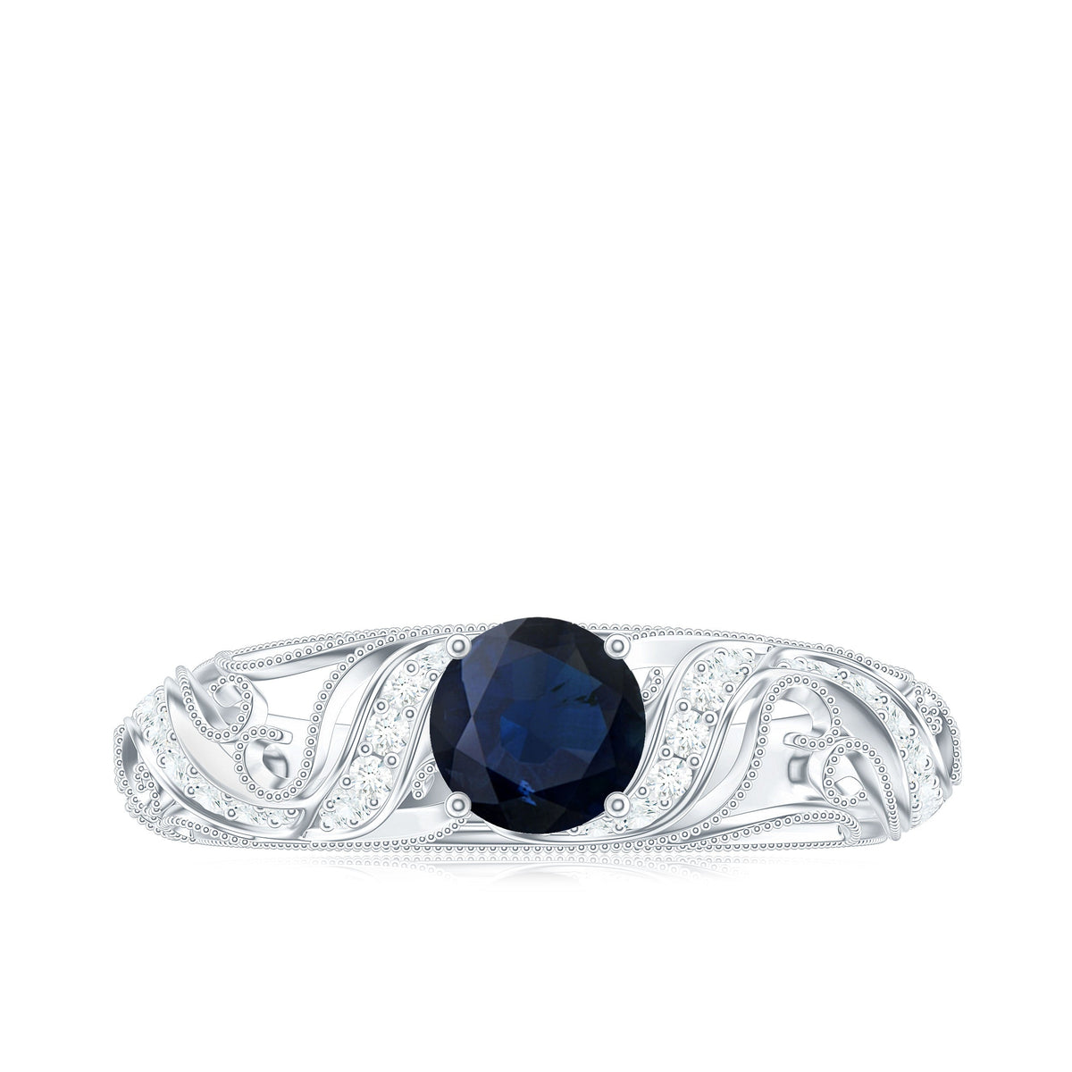 Vintage-style engagement ring with a 0.9 carat blue sapphire center stone and diamond accents, crafted by Rosec Jewels.