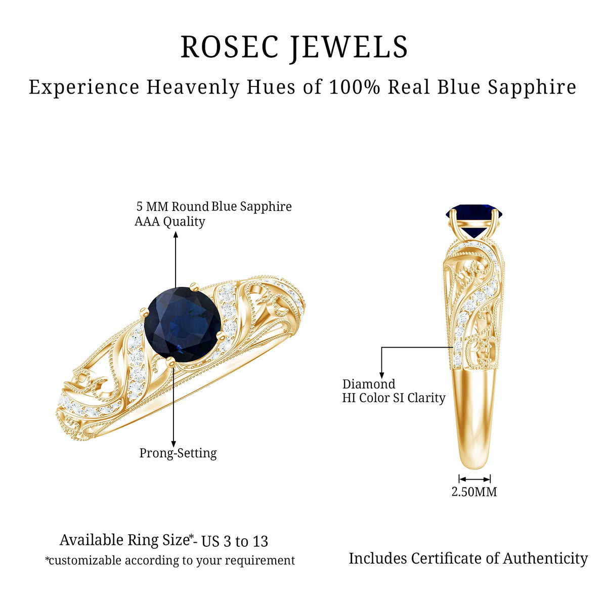 Vintage-style engagement ring featuring a 0.9 carat blue sapphire center stone with diamond accents, crafted by Rosec Jewels.