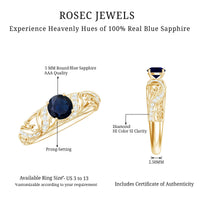 Vintage-style engagement ring featuring a 0.9 carat blue sapphire center stone with diamond accents, crafted by Rosec Jewels.
