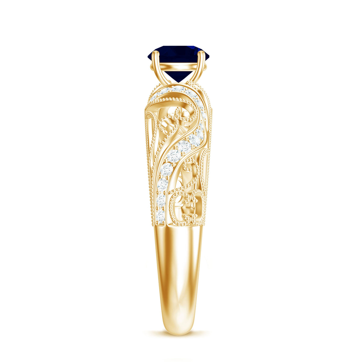 Vintage-style engagement ring with a 0.9 carat blue sapphire and diamonds, featuring a detailed rose gold band by Rosec Jewels.