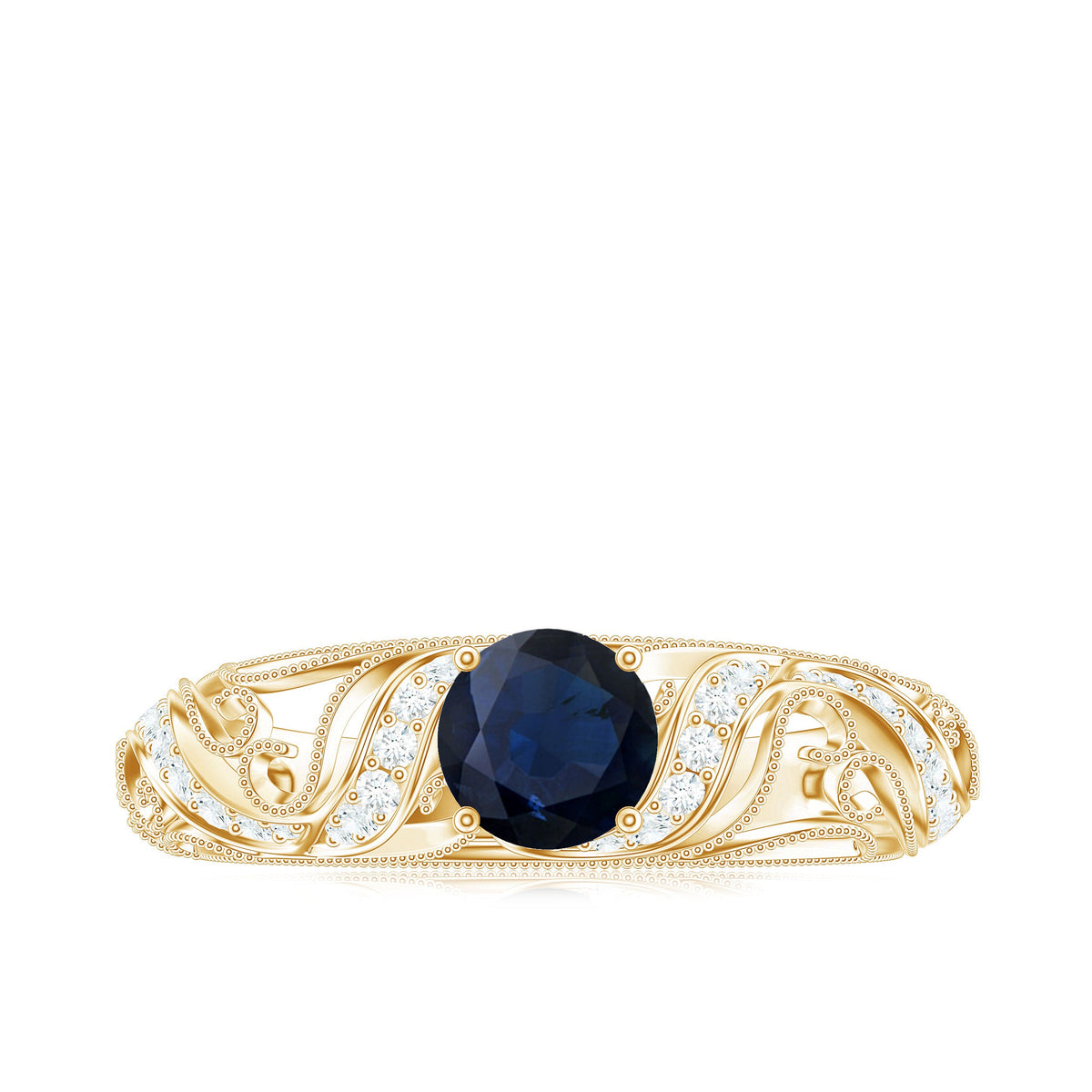 Certified 0.9 carat blue sapphire and diamond vintage engagement ring by Rosec Jewels, featuring intricate detailing and a classic design.