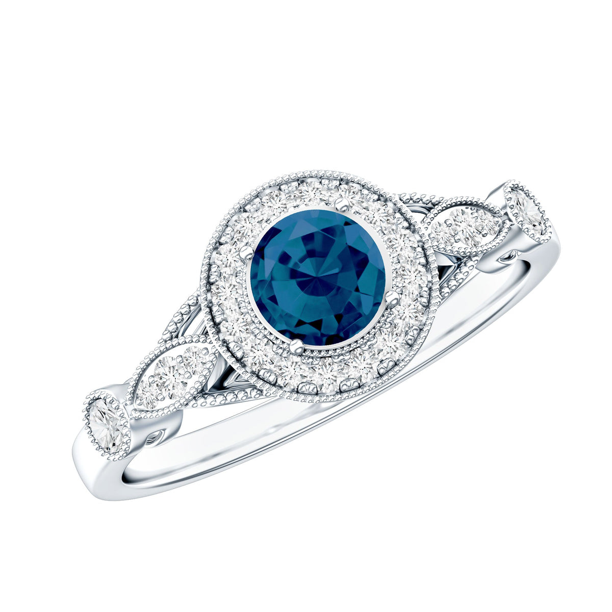Antique engagement ring with 0.6 carat London Blue Topaz and diamond halo, featuring intricate vintage-style detailing.