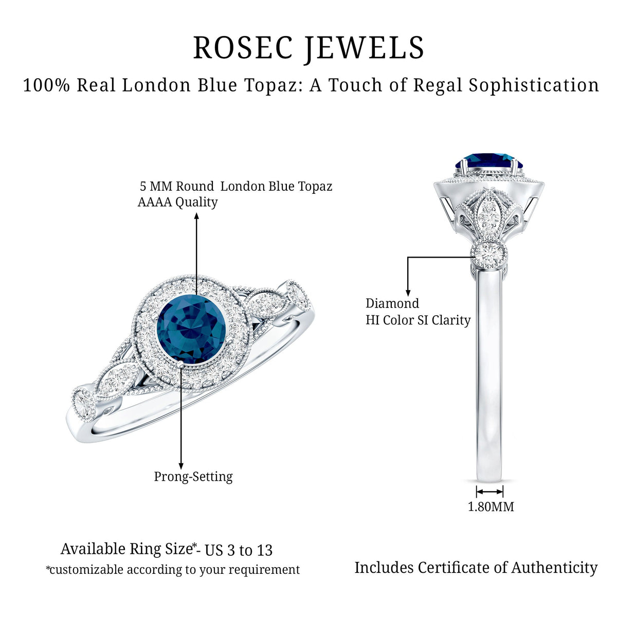 Antique engagement ring with 0.6 carat London Blue Topaz and diamond halo, featuring intricate metalwork from Rosec Jewels.