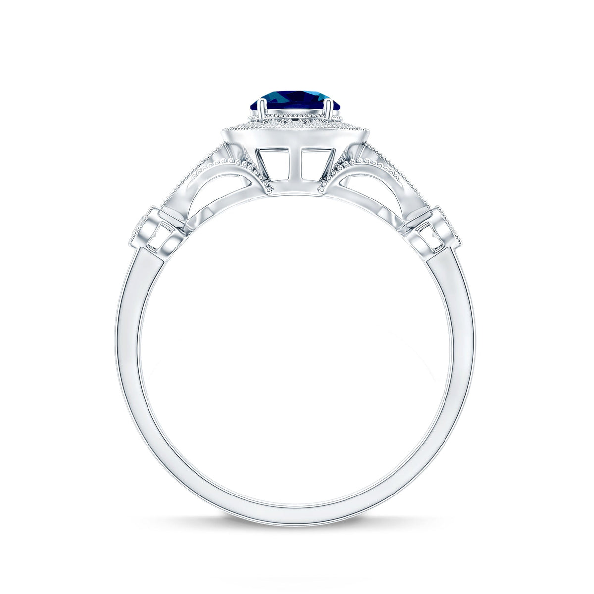 Rosec Jewels 0.6 carat London Blue Topaz antique engagement ring with diamond halo and intricate vintage design.