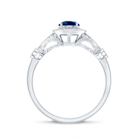 Rosec Jewels 0.6 carat London Blue Topaz antique engagement ring with diamond halo and intricate vintage design.