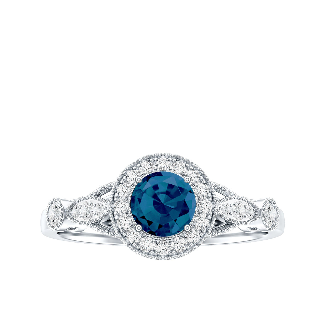 Rosec Jewels 0.6 Carat London Blue Topaz antique engagement ring with diamond halo, featuring intricate vintage-style detailing.