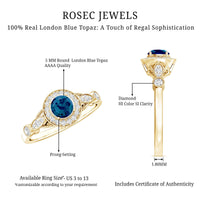 Rosec Jewels 0.6 Carat London Blue Topaz antique engagement ring with diamond halo and intricate vintage detailing.