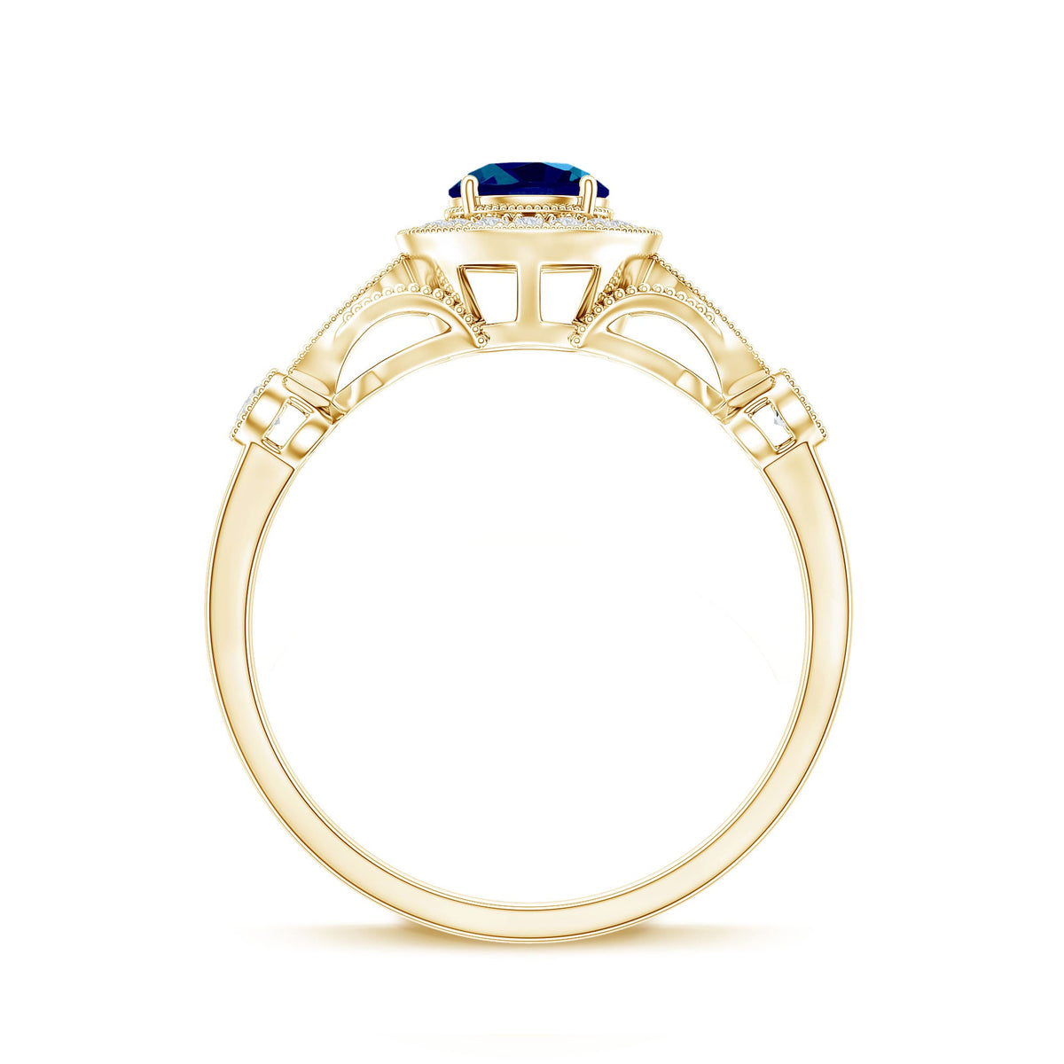 Rosec Jewels 0.6 Carat London Blue Topaz antique engagement ring with diamond halo and intricate vintage design.