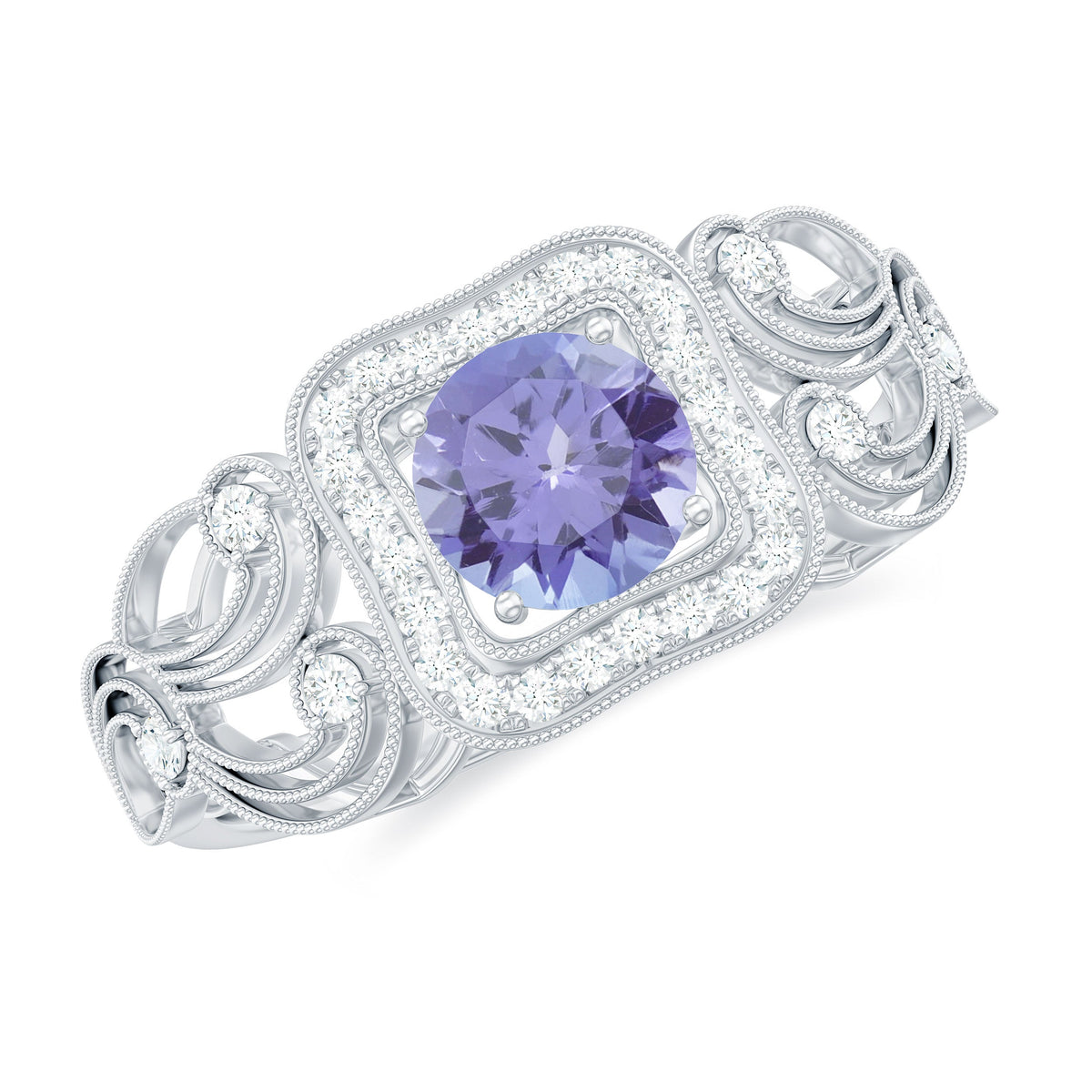 Vintage-style tanzanite engagement ring with diamond halo from Rosec Jewels featuring intricate metalwork and sparkling gemstones.