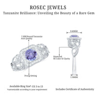 Vintage tanzanite engagement ring with diamond halo by Rosec Jewels, showcasing intricate design and sparkling gemstones.