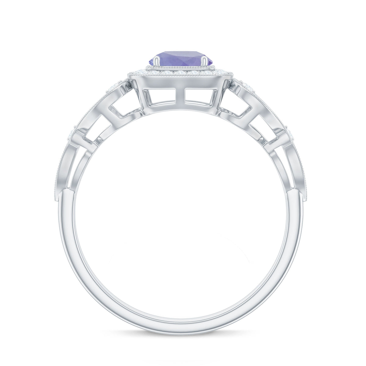 Vintage-style Tanzanite engagement ring with diamond halo from Rosec Jewels, featuring a central tanzanite gemstone and detailed band.