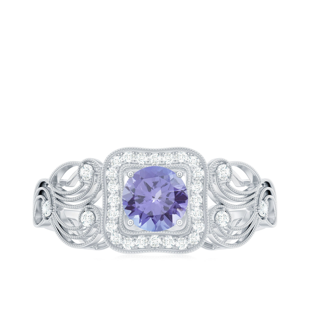 Vintage-style Tanzanite engagement ring with diamond halo from Rosec Jewels, featuring a central blue-purple tanzanite gemstone and sparkling accents.