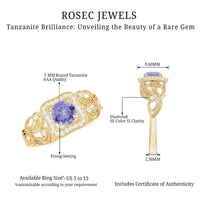 Vintage-style Tanzanite engagement ring with diamond halo, featuring intricate detailing and a silver band from Rosec Jewels.