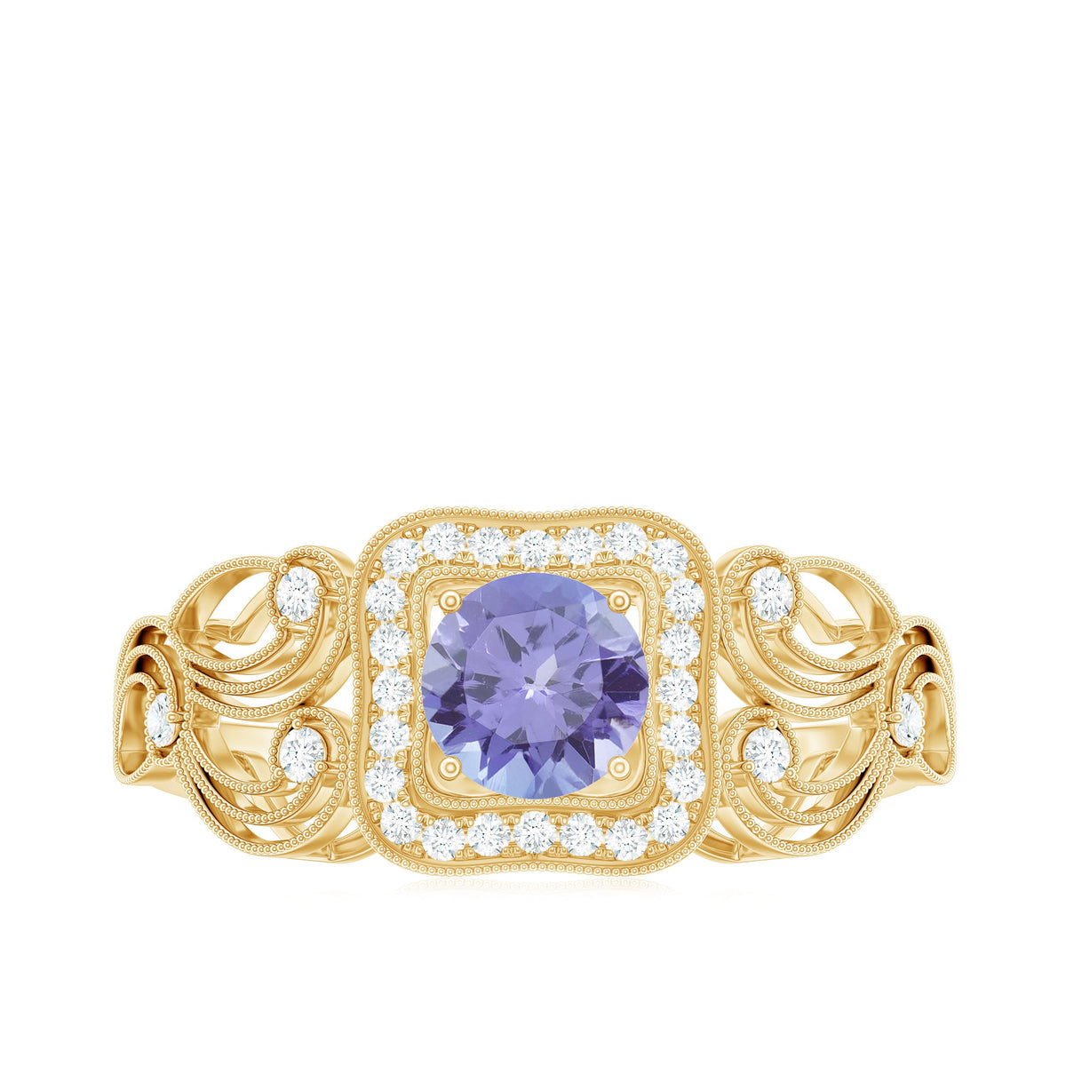 Rosec Jewels vintage tanzanite engagement ring with diamond halo, featuring intricate metalwork and a central purple-blue gemstone.