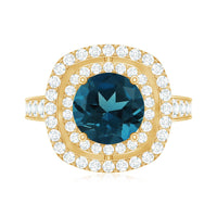 2 Carat Round London Blue Topaz Double Halo Engagement Ring with Moissanite