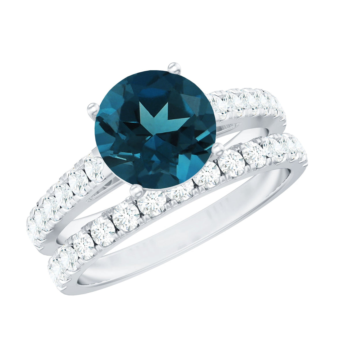 Two rose gold London Blue Topaz solitaire rings with Moissanite bands, featuring round cut gemstones and elegant design.