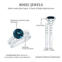 Two 2-carat round London Blue Topaz solitaire rings with moissanite bands, showcasing elegant gemstone settings and sparkling accents.