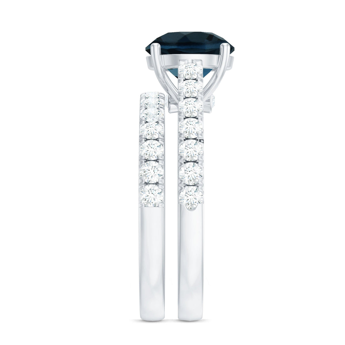Two rose gold London Blue Topaz solitaire rings with moissanite bands, showcasing round cut gemstones and intricate band details.