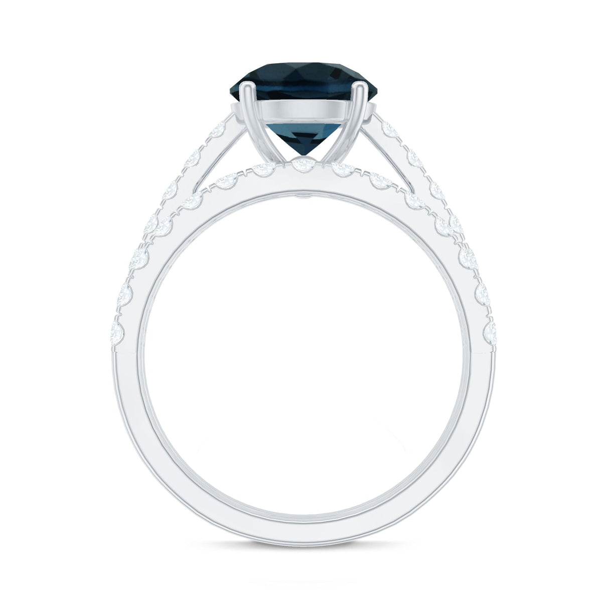 Two rose gold London Blue Topaz solitaire rings with Moissanite bands, featuring round cut gemstones in an elegant jewelry set.