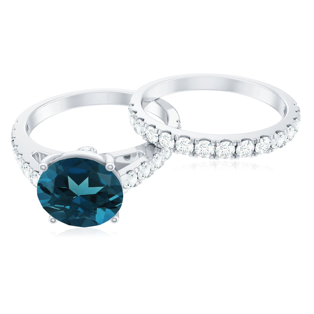 Two rose gold London Blue Topaz solitaire rings with moissanite bands, featuring round-cut gemstones and elegant designs.