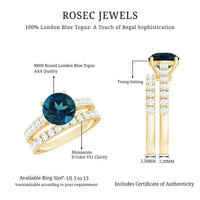 Two 2-carat round London Blue Topaz solitaire rings with moissanite bands, showcasing elegant gemstone settings and intricate band details.
