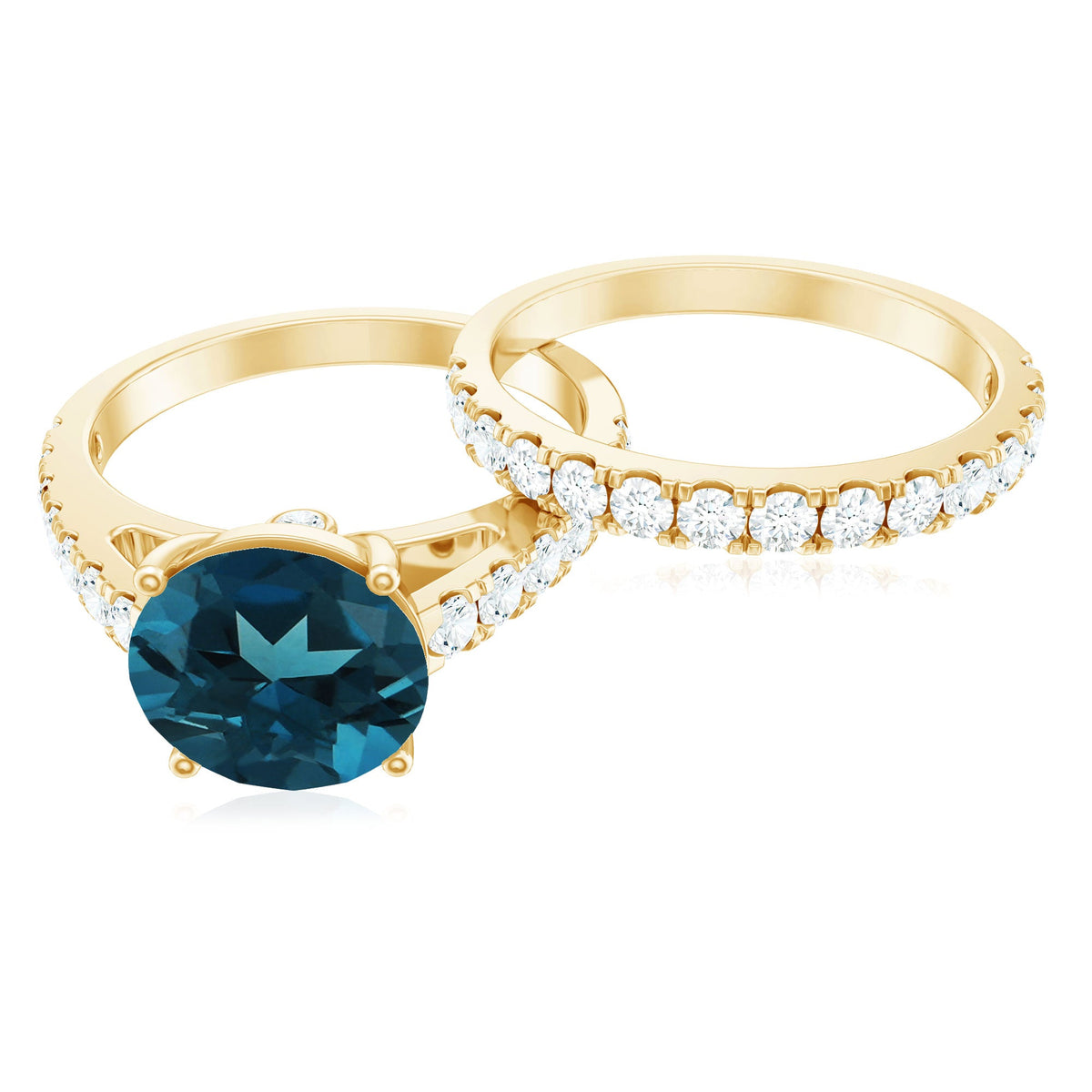 Two 2-carat round London Blue Topaz solitaire rings with moissanite bands, showcasing elegant jewelry from Rosec Jewels.