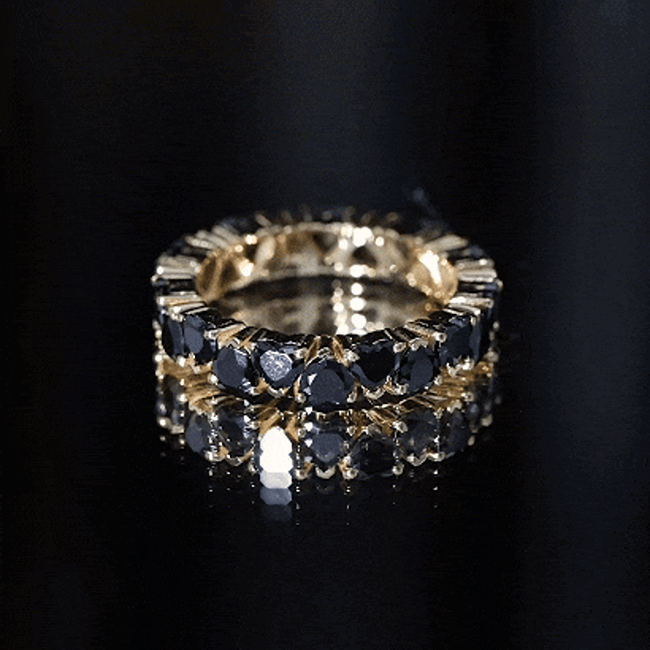 Lab grown black diamond heart eternity ring for women featuring yellow gold band by Rosec Jewels, showcasing a sparkling black diamond design.