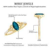 0.74 Carat Marquise Cut London Blue Topaz Celtic Engagement Ring with Diamond