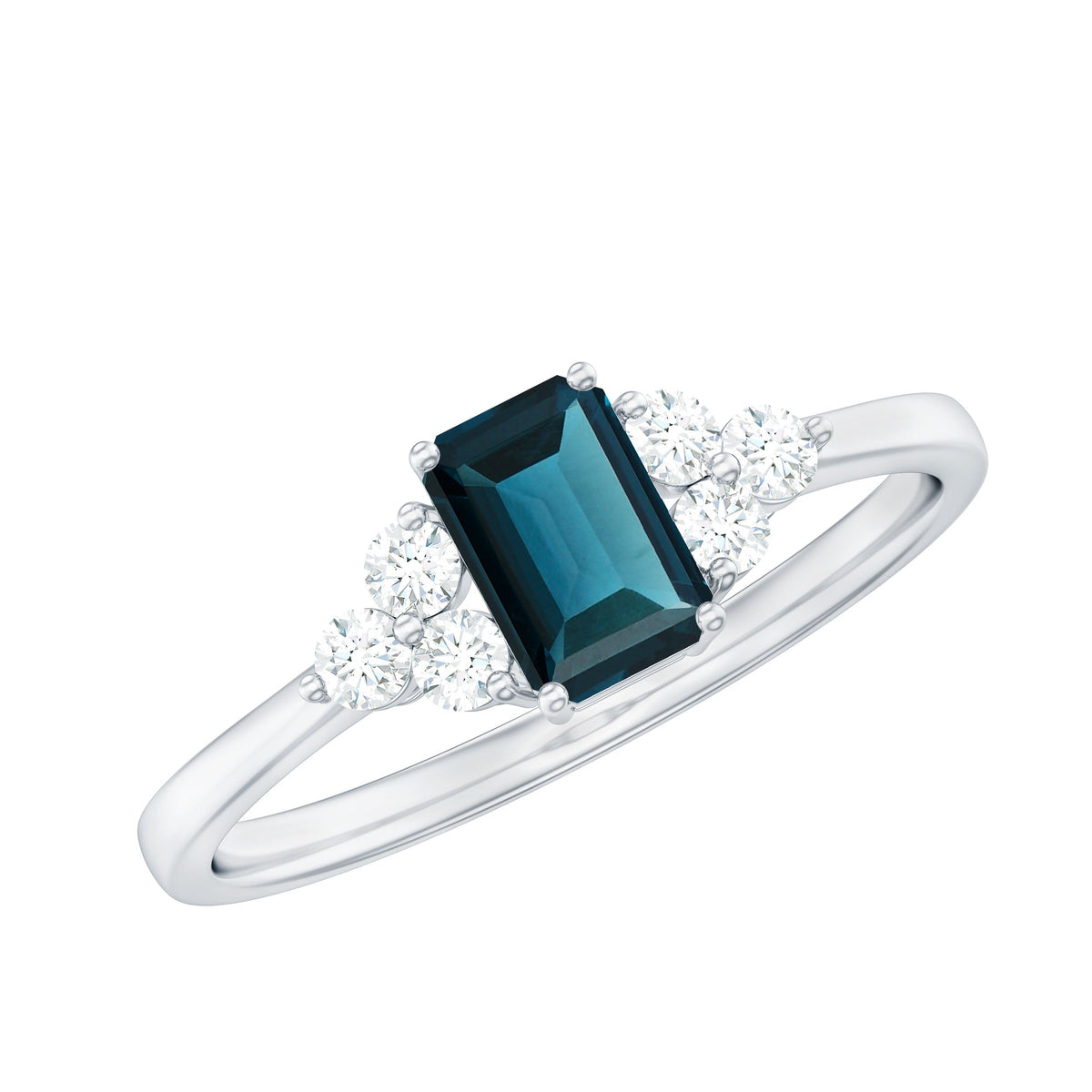 Emerald cut London Blue Topaz engagement ring with diamond trio by Rosec Jewels, showcasing the stunning gemstone and elegant band.