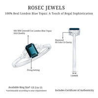 Emerald cut London Blue Topaz engagement ring with diamond trio accents by Rosec Jewels, showcasing a stunning blue gemstone setting.