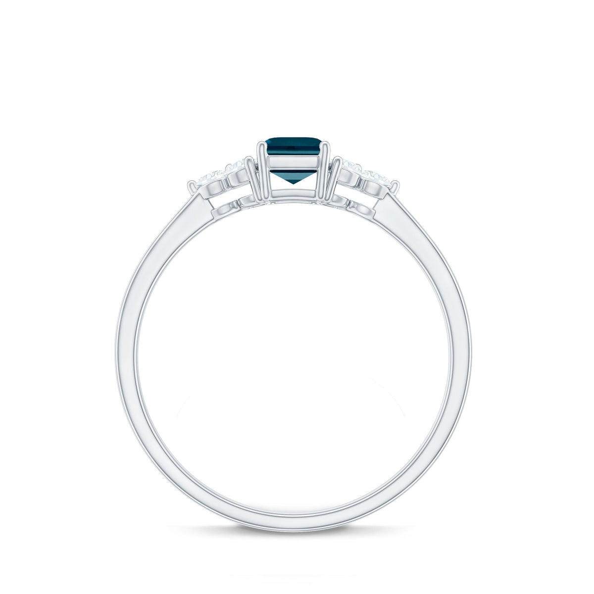 Emerald cut London Blue Topaz engagement ring by Rosec Jewels featuring a diamond trio setting and intricate band details.