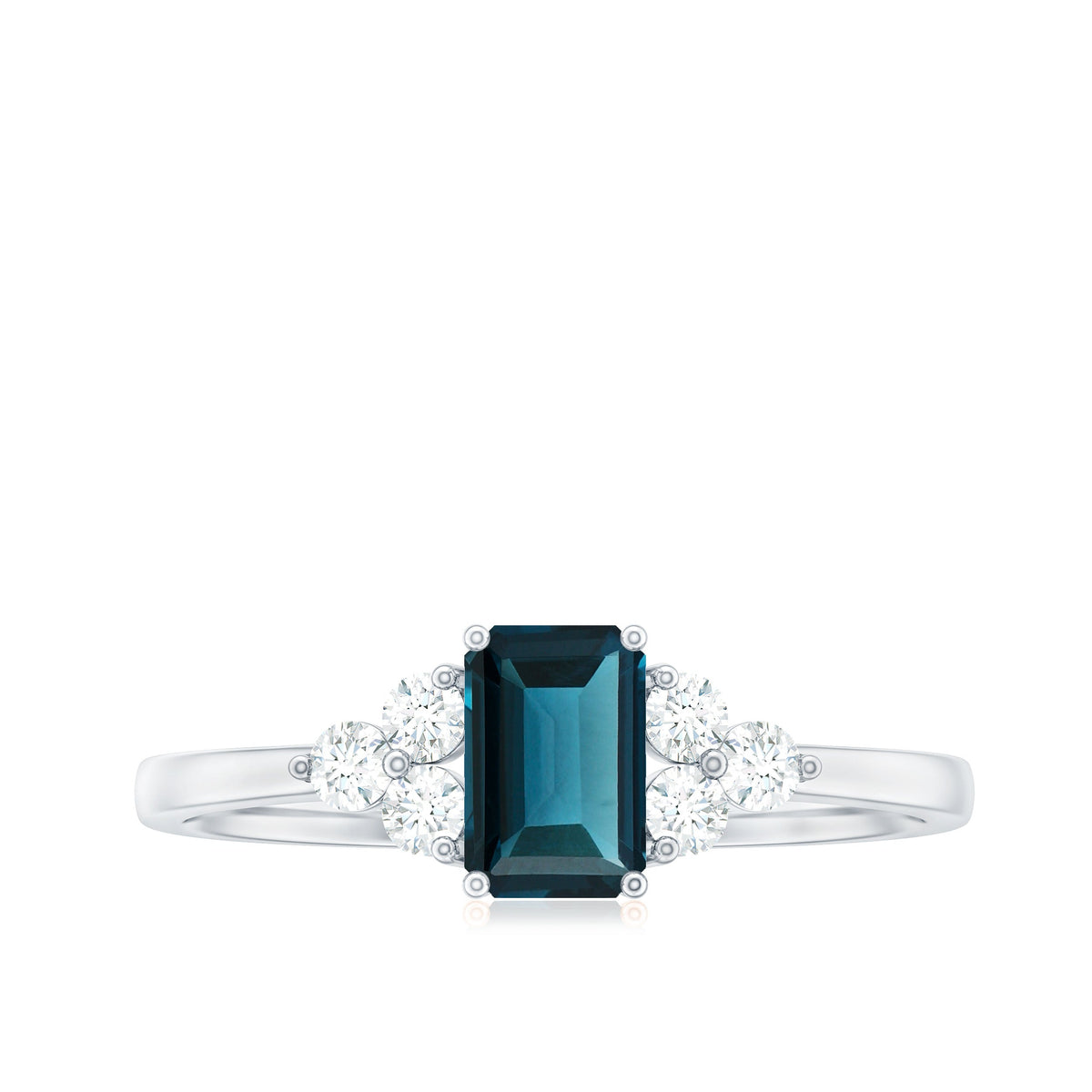 Emerald cut London Blue Topaz engagement ring with diamond trio accents, crafted by Rosec Jewels, showcasing elegant jewelry design.
