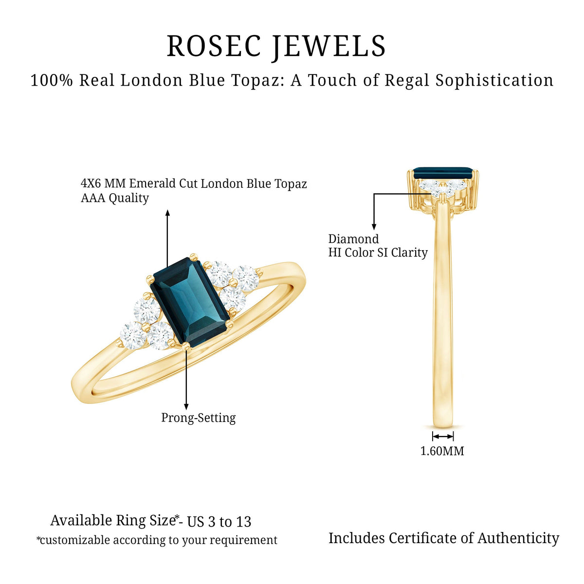 Emerald cut London Blue Topaz engagement ring with diamond trio accent, featuring a rose gold band from Rosec Jewels.